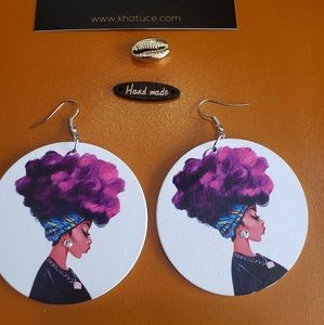 African Women Afro Wooden Painted Earrings Eth